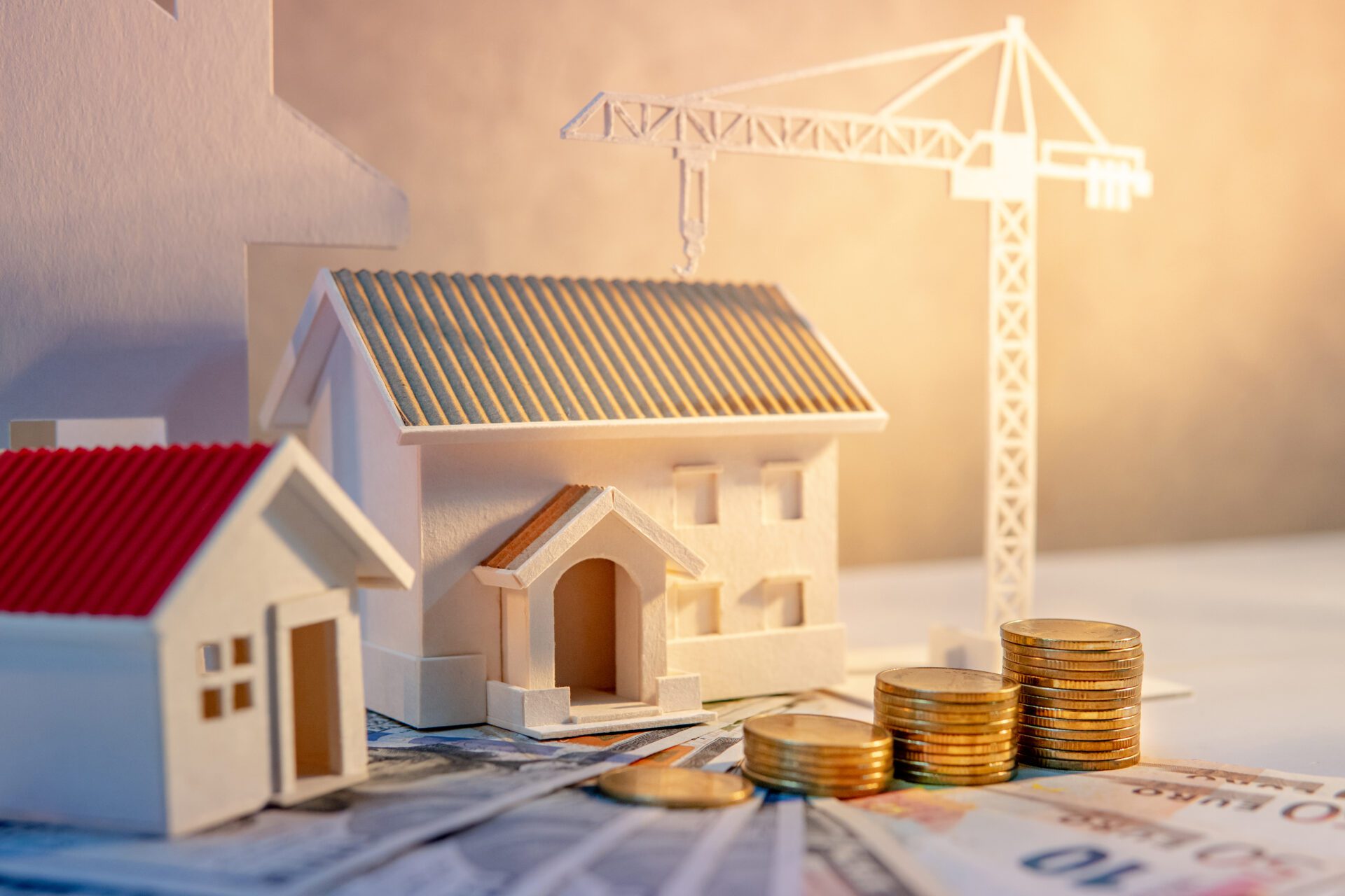 Model houses, crane, coins, and currency bills.