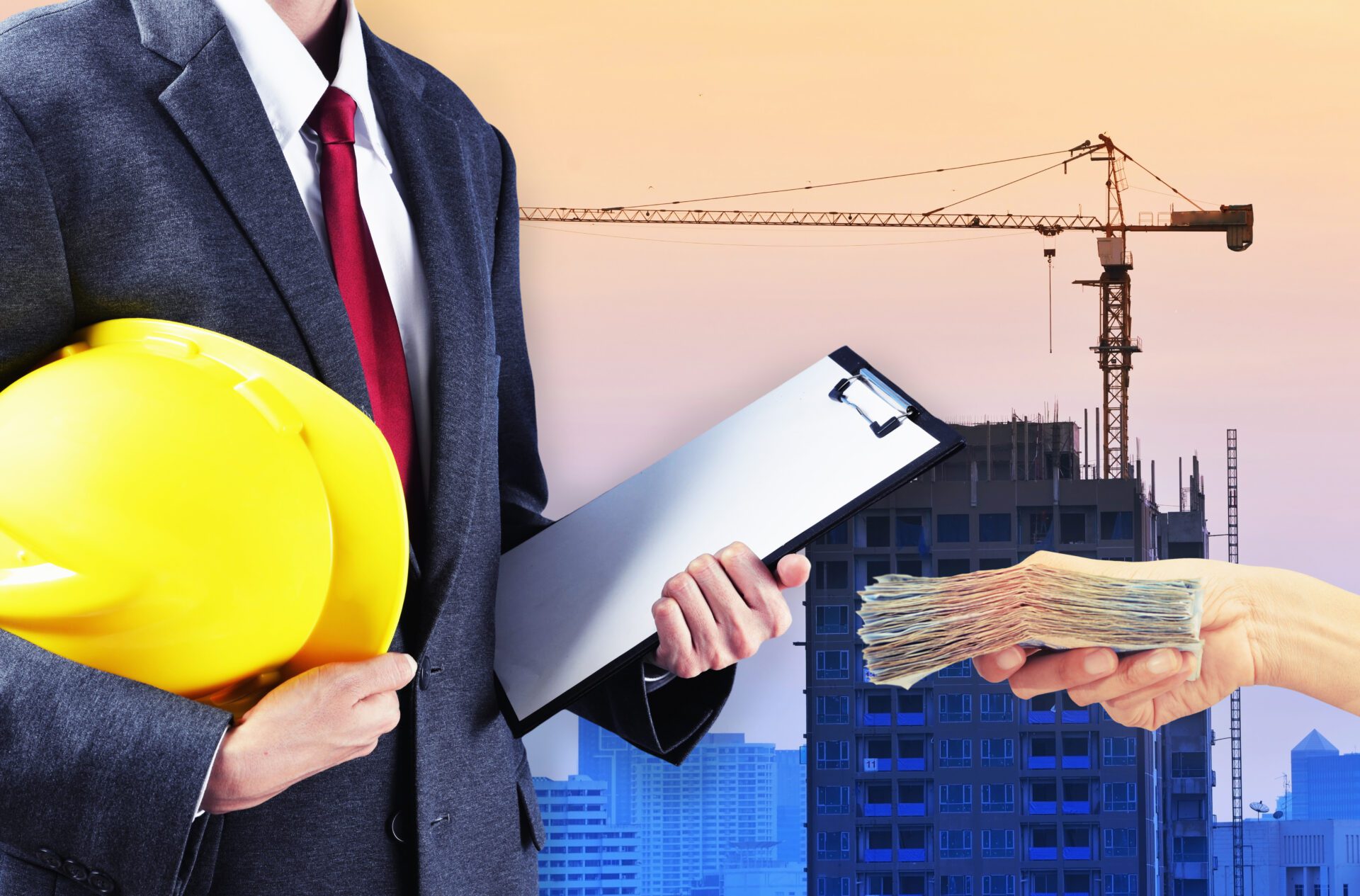 Construction worker with hard hat and money.