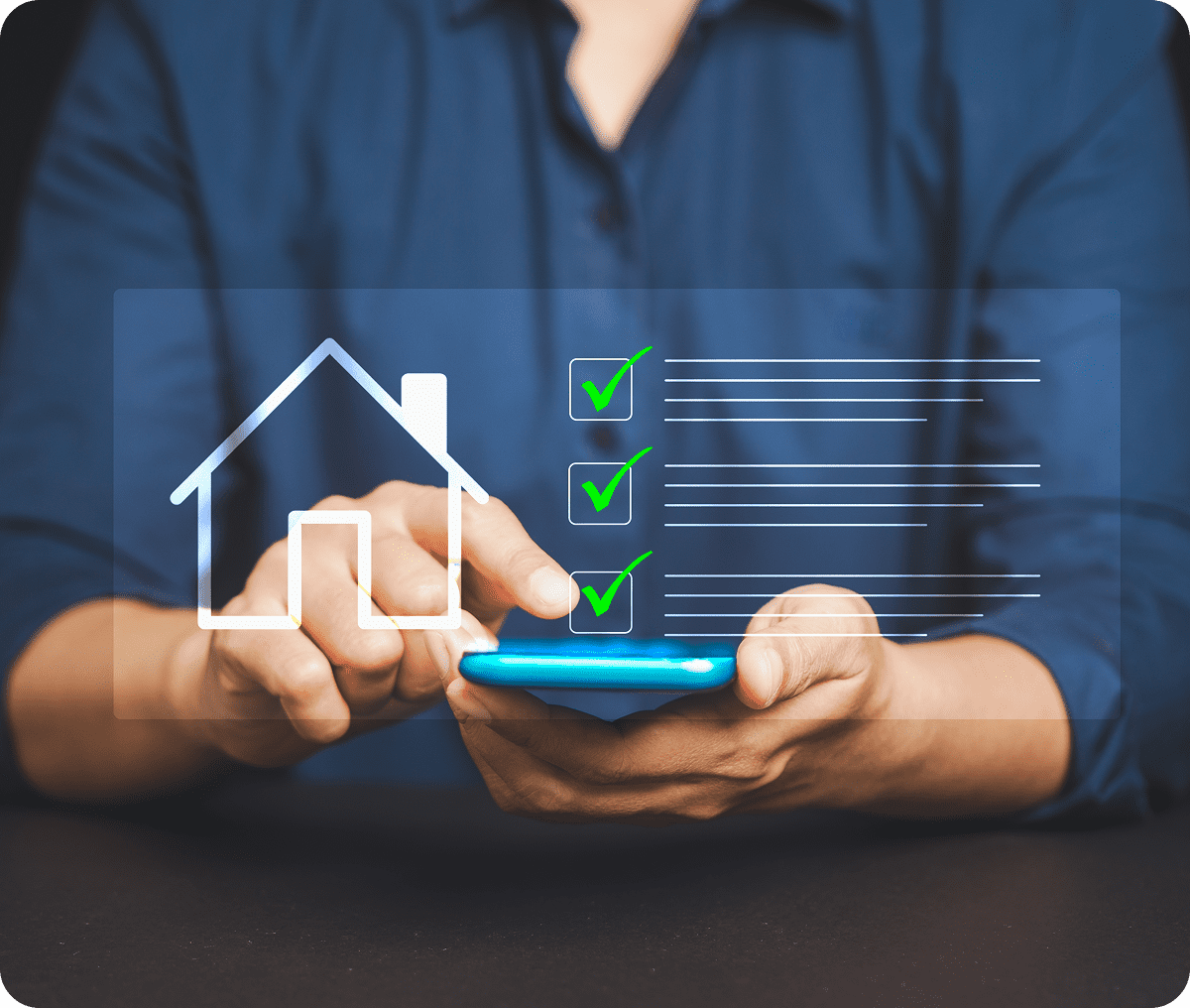 Person using smartphone with house checklist.