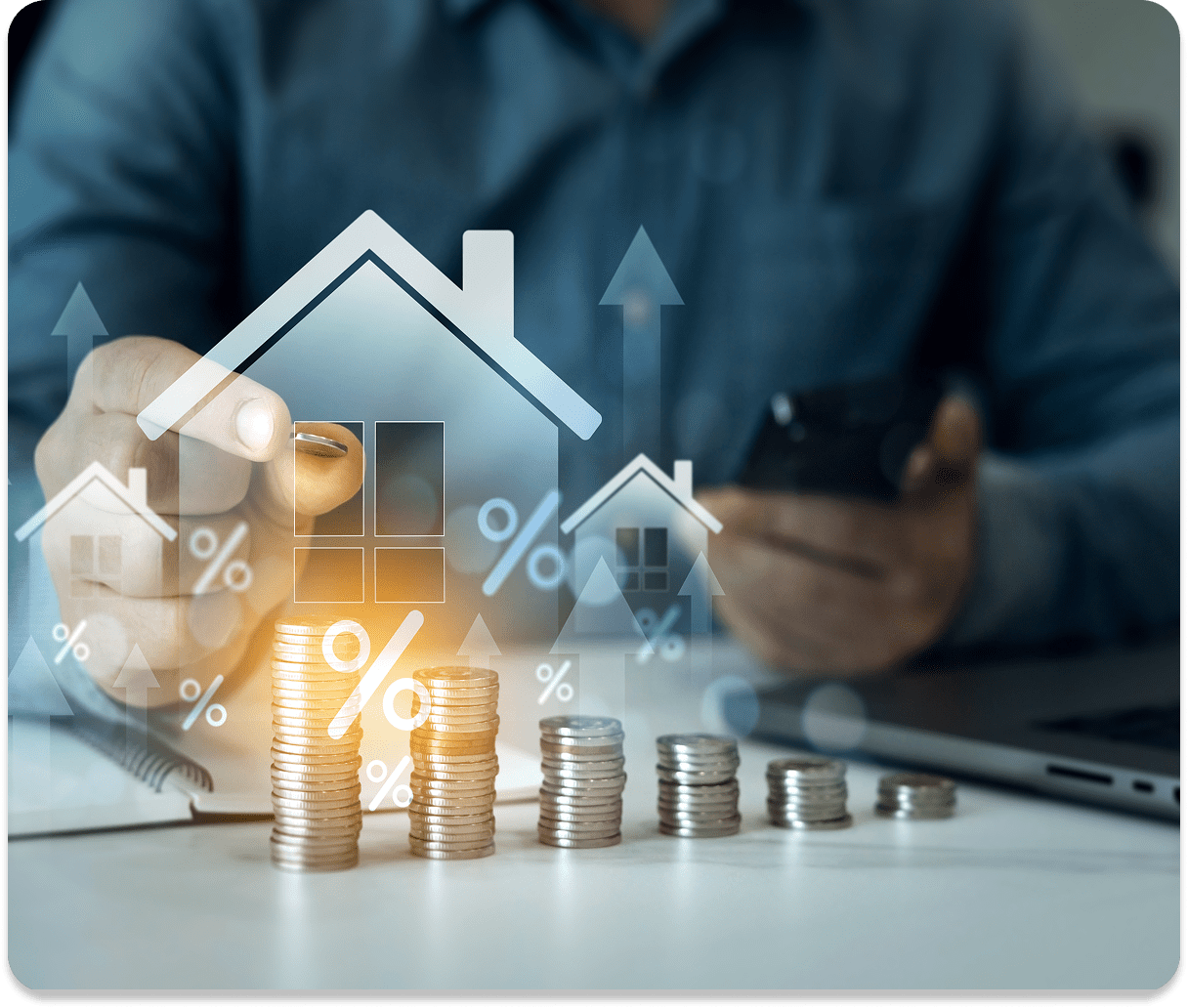 Coins and house icons with percentage symbols.