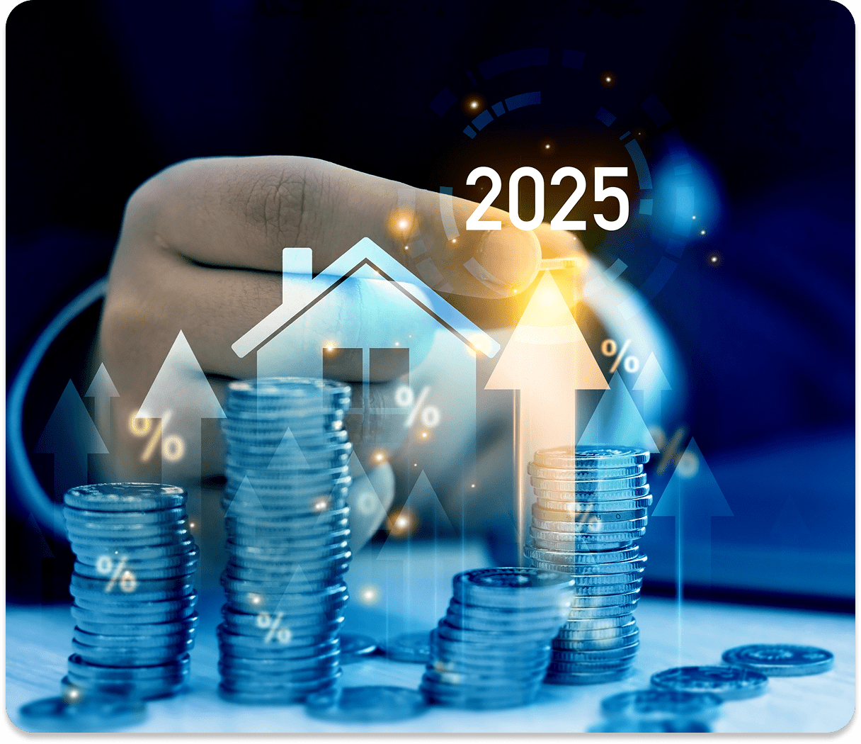 Coins stacked with arrows and house, 2025.