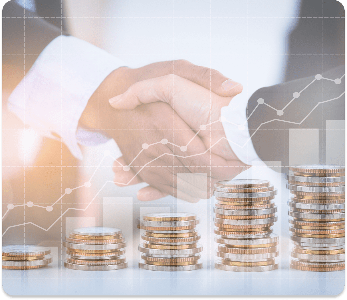 Handshake over stacked coins and graph.