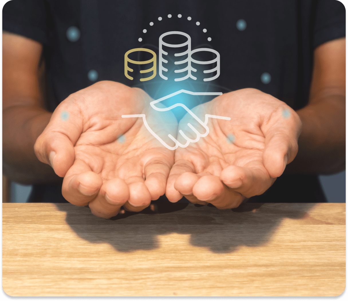 Hands with handshake and coins illustration.