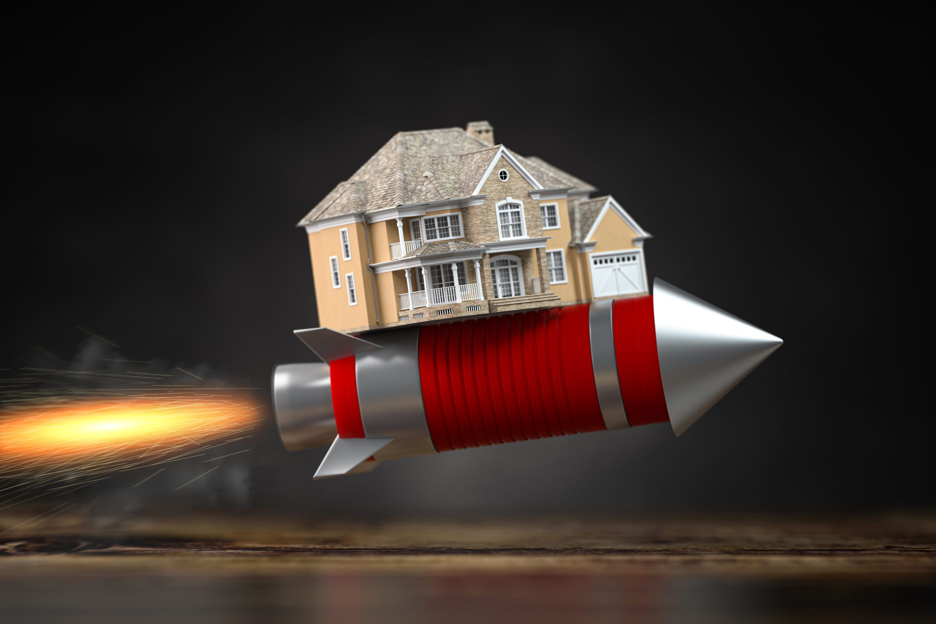 Real Estate market growth. Home value, mortgage rates and rent housing prices increasing concept. House on a flying rocket. 3d illustration