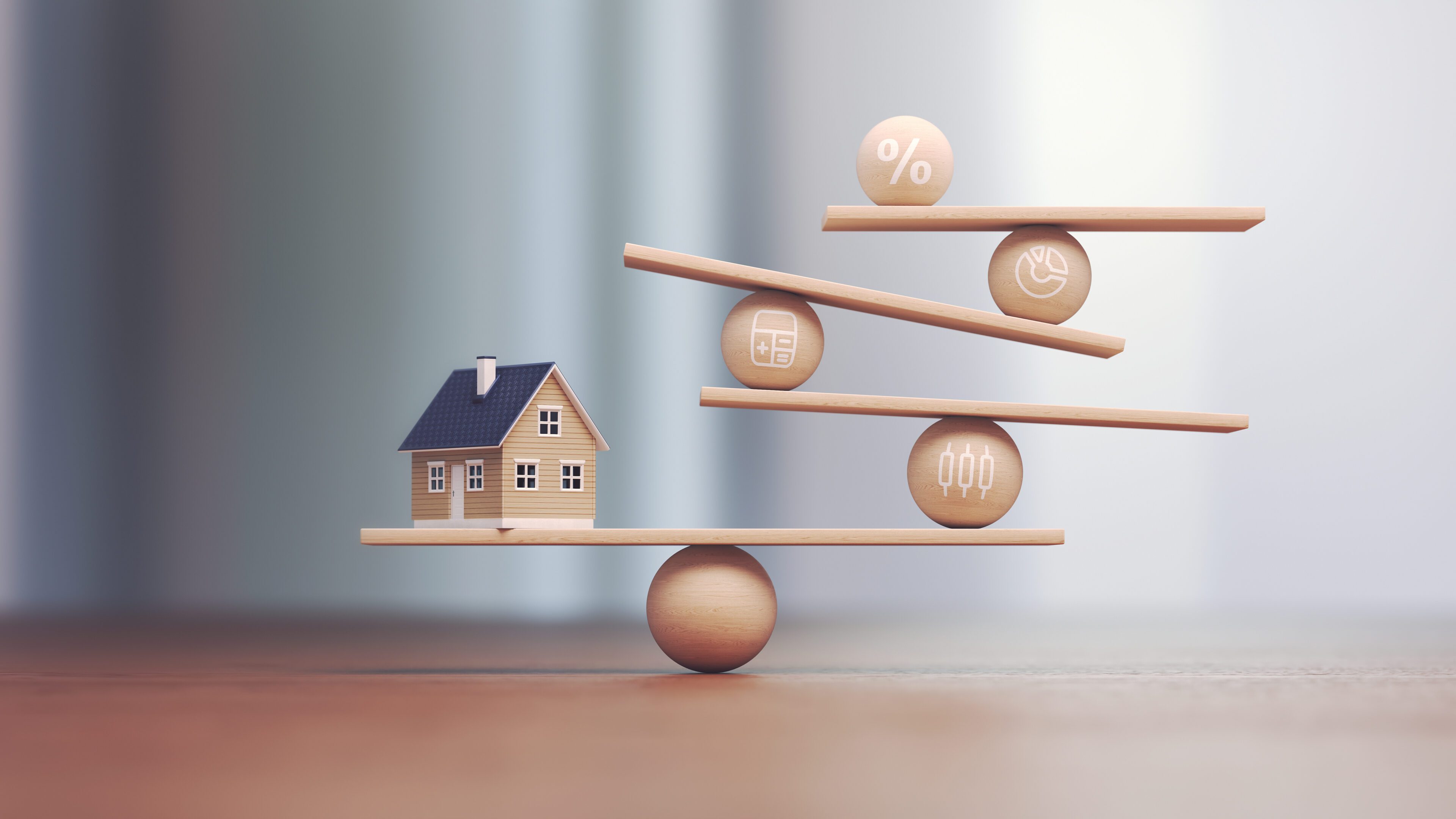 3d Render Real Estate Trading and Wooden Balance Scale, Real Estate Buying and Selling Mortgage interest concepts, Depth Of Field